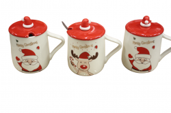 Чашка керамічна Санта Клаус, Сніговик, Олень 450мл з кришкою та металевою ложкою 8171