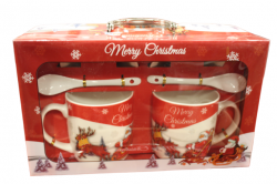 Чашка керамічна Санта Клаус 350 мл 2 шт з тарілками та ложками у подарунковій коробці HK-657-B