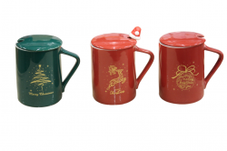 Чашка керамічна Санта Клаус, Сніговік, Олень 450мл з кришкою та металевою ложкою 093