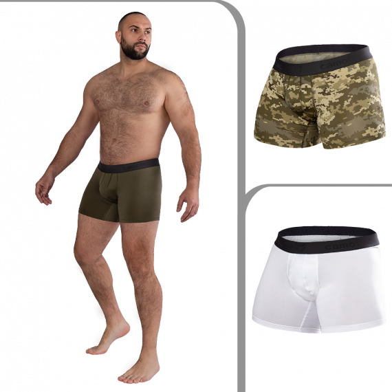 Фото Комплект чоловічих трусів-боксерів  Білі/Олива/Піксель