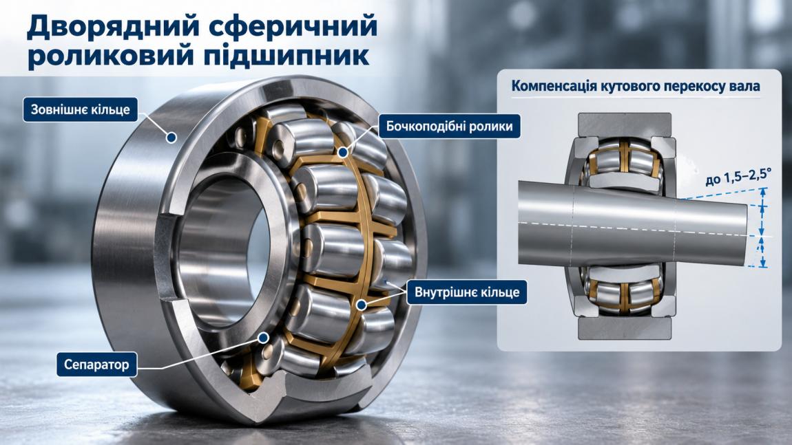 Дворядні сферичні роликові підшипники (22208–22220, 22308–22320): добір для віброгрохотів, дробарок та важконавантажених валів