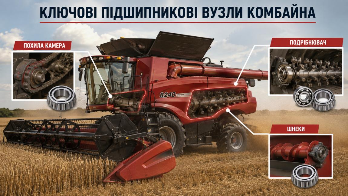 Підшипники комбайнів Case IH та New Holland карта застосовуваності за ключовими вузлами (похила камера, подрібнювач, шнеки)
