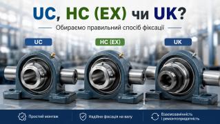 Підшипники, що закріплюються, серій UC, HC (EX), UK у чому різниця між фіксацією стопорними гвинтами та ексцентриковим кільцем