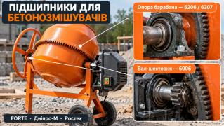 Підшипники для бетономішалок (FORTE, Дніпро-М, Ростех): добір підшипників барабана та вала-шестерні (6006, 6206, 6207)