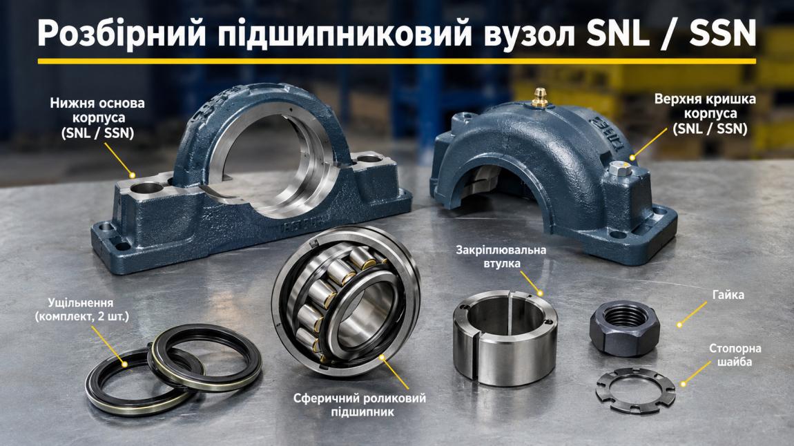 Рознімні корпуса підшипників типу SNL, SSN: покроковий конструктор збірки (корпус + підшипник + втулка + ущільнення)