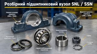 Рознімні корпуса підшипників типу SNL, SSN: покроковий конструктор збірки (корпус + підшипник + втулка + ущільнення)