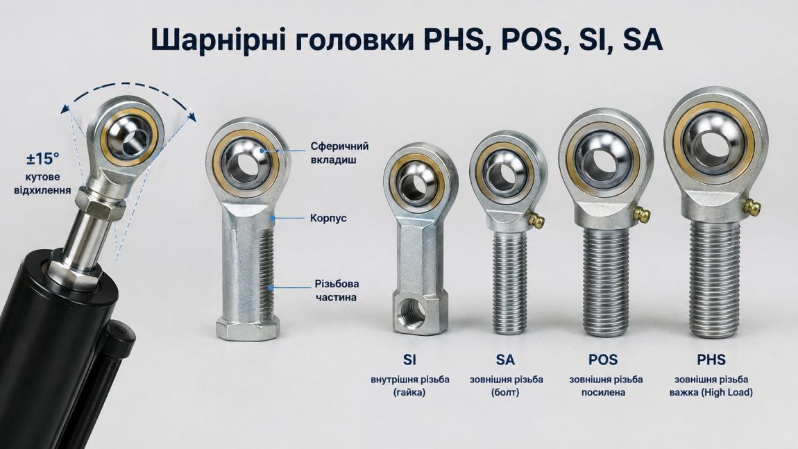 Шарнірні головки (наконечники штоків гідроциліндрів) серій PHS, POS, SI, SA: правила заміру різьблення та підбір за ISO