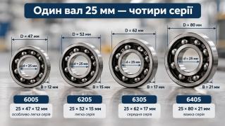 Таблиця розмірів підшипників серій 6000, 6200, 6300, 6400 з аналогами за ГОСТ