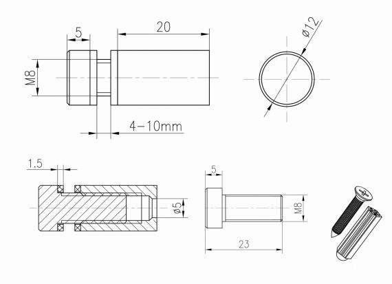 Foto Adaptador de vidrio Ø 12 mm, dist. 20 mm, para plano, AISI 304, SATINADO