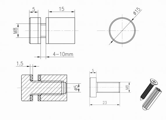 Foto Adaptador de vidrio Ø 15/15 mm M8 para plano, AISI 304, SATINADO