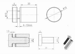 Adaptador de vidrio Ø 19 mm, dist. 20 para plano, AISI 304, SATINADO