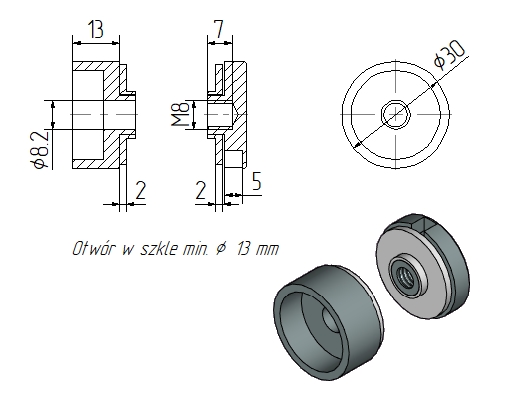 Foto Adaptador de vidrio Ø 30/13 mm M8, AISI 304, RAL 9005 mate