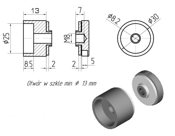 Foto Adaptador de vidrio 30/13mm orificio 8,5mm, AISI 304, SATINADO