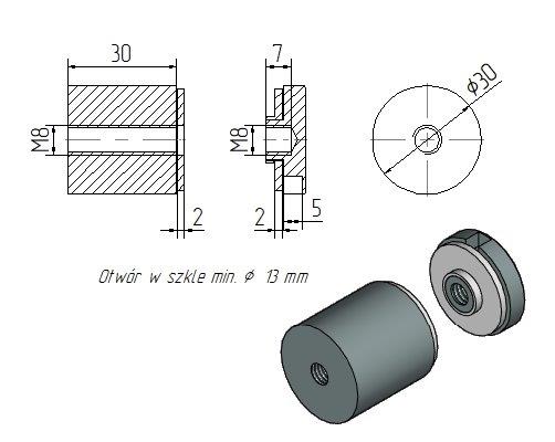 Foto Adaptador de vidrio 30/30mm rosca M8, AISI 304, SATINADO