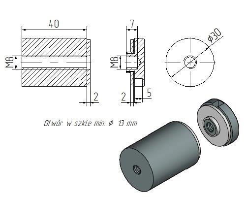 Foto Adaptador de vidrio 30/40mm rosca M8, AISI 304, SATINADO