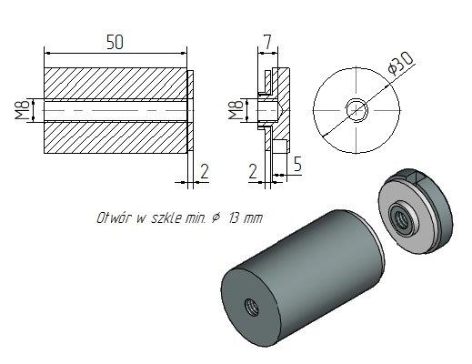Foto Adaptador de vidrio 30/50mm rosca M8, AISI 304, SATINADO