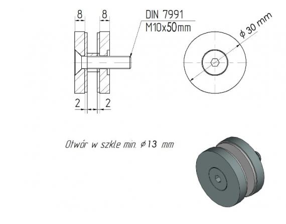 Foto Adaptador de vidrio 30/8mm orificio 10,5mm, AISI 304, SATINADO