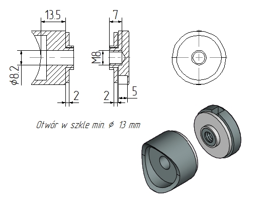 Foto Adaptador de vidrio 30mm para tubo 42,4mm orificio 8,5mm, AISI 304, SATINADO