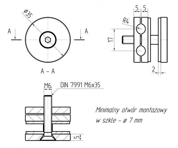 Foto Adaptador de vidrio Ø 35 mm, dos barras 8 mm, AISI 304, SATINADO