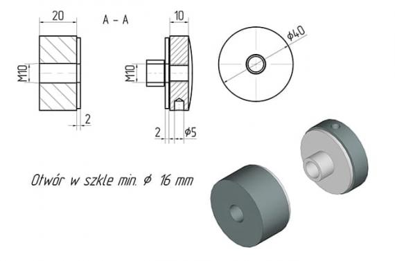 Foto Adaptador de vidrio 40/20mm rosca M10, AISI 304, SATINADO
