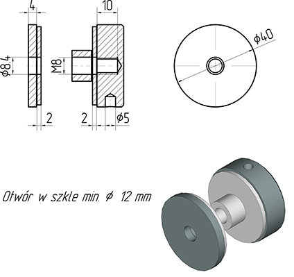 Foto Adaptador de vidrio 40/4mm orificio 8,5mm, AISI 304, SATINADO