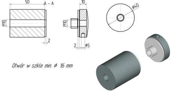 Foto Adaptador de vidrio 40/50mm rosca M10, AISI 304, SATINADO