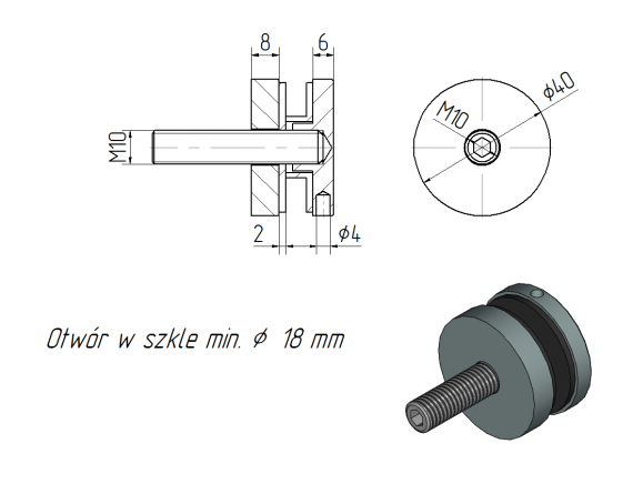 Foto Adaptador de vidrio 40/8mm orificio 10,5mm (frente plano), AISI 304, SATINADO