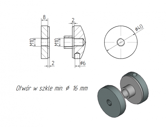 Foto Adaptador de vidrio 40/8mm rosca M10, AISI 304, SATINADO