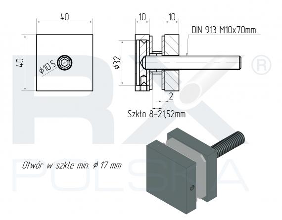 Foto Soporte para vidrio 40x40mm esp. 10mm, AISI 304, SATINADO