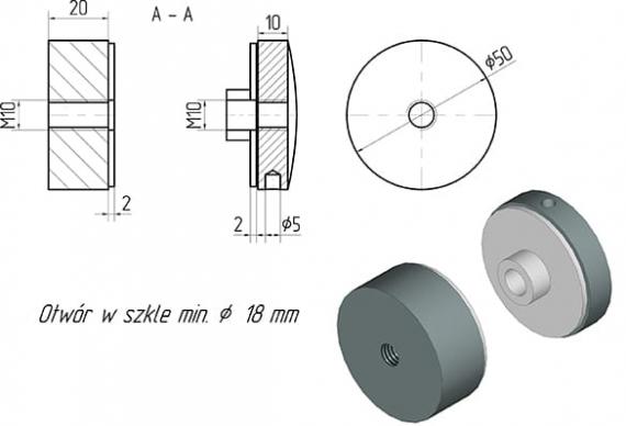 Foto Adaptador de vidrio Ø 50/20 mm M10, AISI 304, RAL 7016 mate