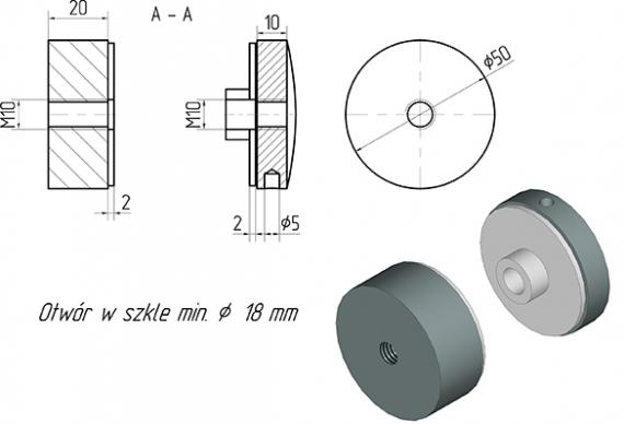 Foto Adaptador de vidrio 50/20mm rosca M10, AISI 304, SATINADO