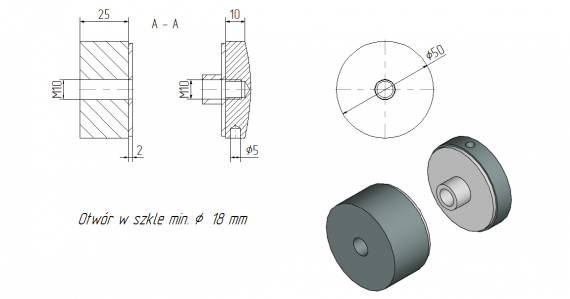 Foto Adaptador de vidrio 50/25mm rosca M10, AISI 304, SATINADO
