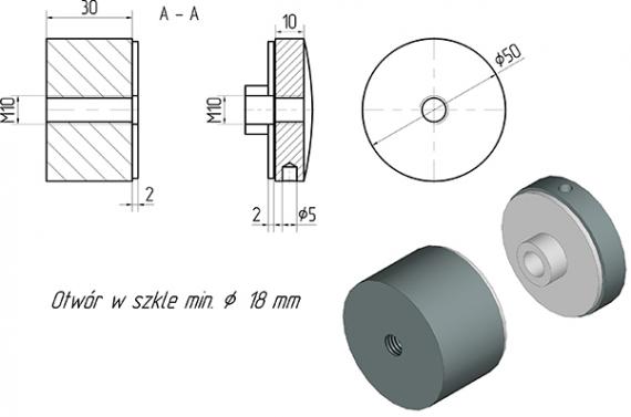 Foto Adaptador de vidrio Ø 50/30 mm M10, AISI 304, RAL 9005 mate