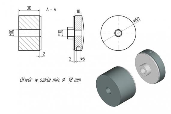 Foto Adaptador de vidrio 50/30mm rosca M10, AISI 304, Pulido.