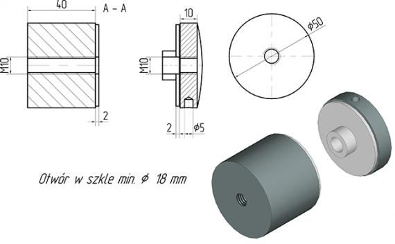 Foto Adaptador de vidrio Ø 50/40 mm M10, AISI 304, RAL 9005 mate