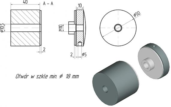 Foto Adaptador de vidrio 50/40mm orificio 10,5mm, AISI 304, SATINADO