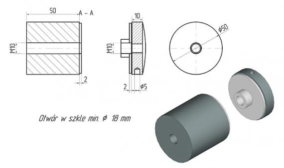 Foto Adaptador de vidrio 50/50mm rosca M10, AISI 316, SATINADO