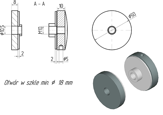 Foto Adaptador de vidrio Ø 50/8 mm M10, AISI 304, RAL 9003 mate