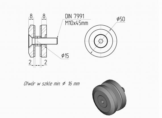 Foto Adaptador de vidrio 50/8 mm rosca M10, AISI 304, SATINADO