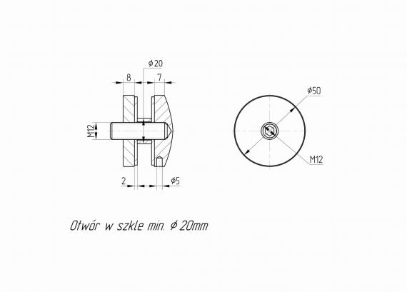 Foto Adaptador de vidrio 50/8 mm rosca M12, AISI 304, SATINADO