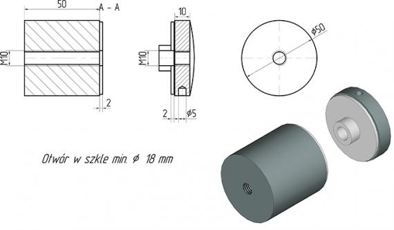 Foto Adaptador de vidrio Ø 50 mm, dist. 50 mm, roscado, AISI 304, RAL 9005 mate
