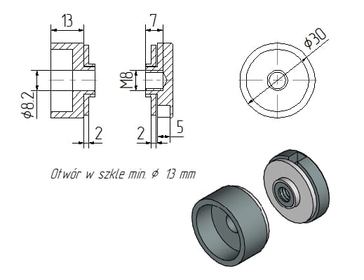 Foto Adaptador de vidrio fi 30/13 mm M8, AISI 304, DORADO SATINADO