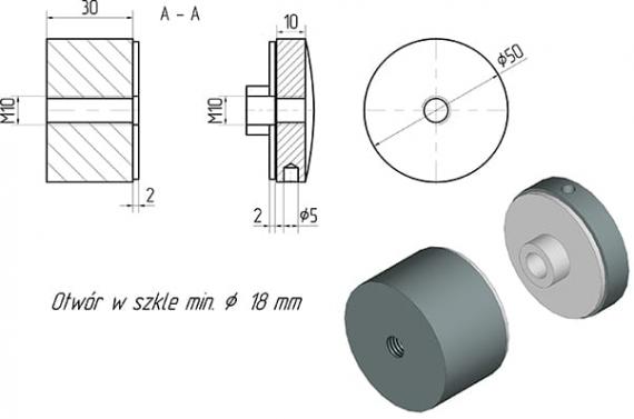 Foto Adaptador de vidrio fi 50/30 mm M10, AISI 304, DORADO SATINADO