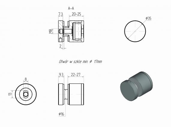 Foto Adaptador para vidrio Ø35/20 mm, distancia regulable M8, AISI 304, SATINADO