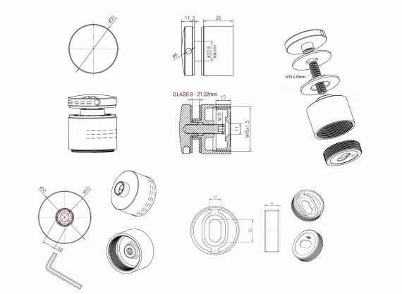 Foto Adaptador para vidrio Ø50/30 mm, distancia regulable, AISI 304, RAL 9005 MATE