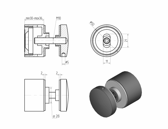 Foto Adaptador para vidrio Ø50/30 mm, distancia regulable, AISI 304, SATINADO.