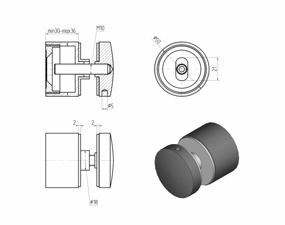 Foto Adaptador para vidrio Ø50/30 mm, distancia regulable, AISI 304, SATINADO.