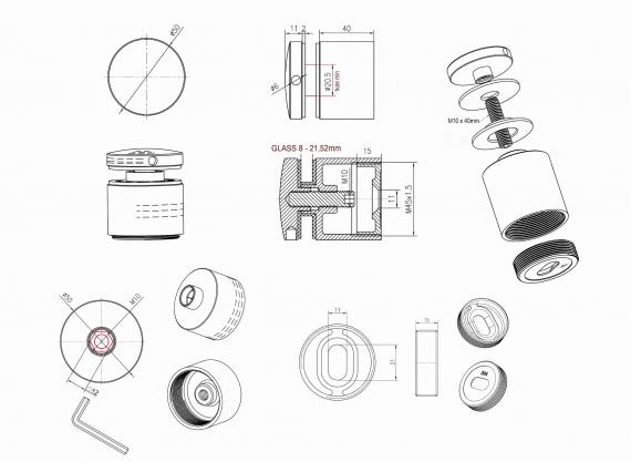 Foto Adaptador para vidrio Ø50/40 mm, distancia regulable, AISI 304, RAL 9005 MATE