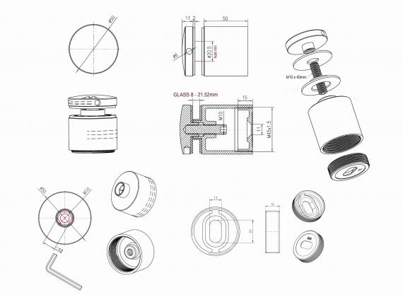 Foto Adaptador para vidrio Ø50/50 mm, distancia regulable, AISI 304, SATINADO