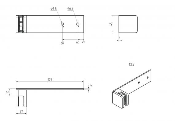Foto Barra plana para balcón francés 175x45x3/45x45mm con placa de seguridad, AISI 304, SATINADO